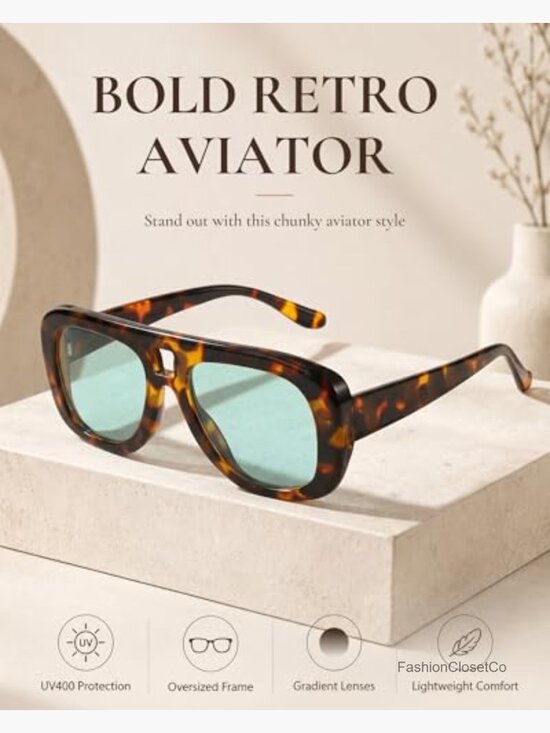 Oversized Vintage Aviator Sunglasses for Women, Lightweight UV400 Protection